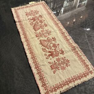 Austrian Tapestry Table Runner Fray Edges Folk Art Cotton Linen Red